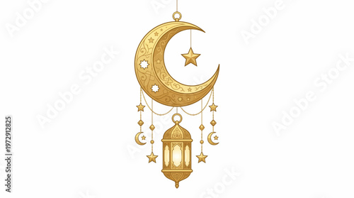 Golden crescent moon lantern decoration.