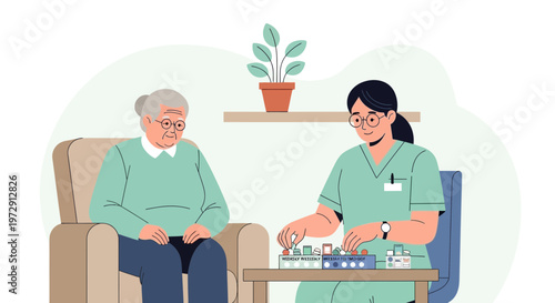 Nurse playing chess with elderly woman in nursing home, promoting cognitive engagement and care