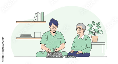 Nurse playing board game with elderly patient in care home, promoting cognitive activity