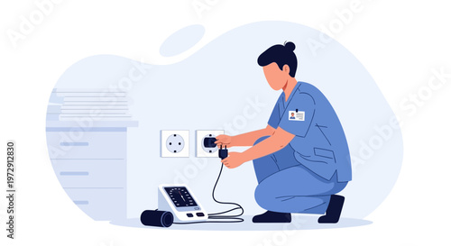 Nurse plugging in medical device near wall socket in clinic, healthcare equipment