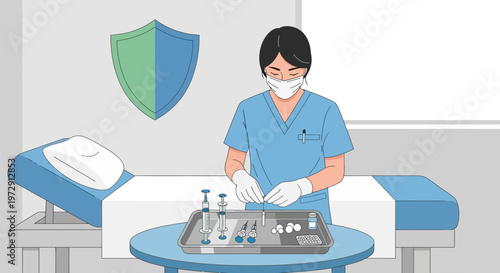 Nurse preparing medical supplies for vaccination in a clinic, shield symbol.