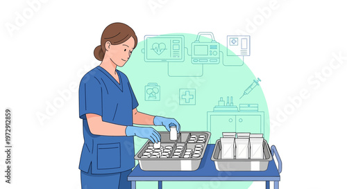 Nurse preparing medication in sterile environment, healthcare, pharmacy, medical supplies