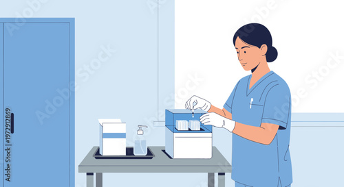 Nurse preparing medical supplies in a clean room, sterile procedure, healthcare worker
