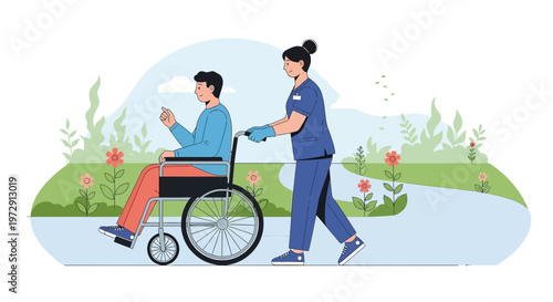 Nurse pushing patient in wheelchair on park path with flowers and trees
