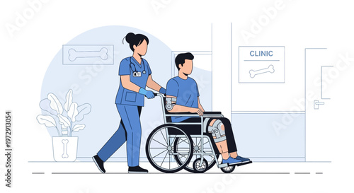 Nurse pushing patient in wheelchair with knee brace in clinic hallway