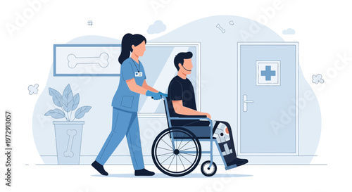 Nurse pushing patient in wheelchair with leg brace in hospital corridor