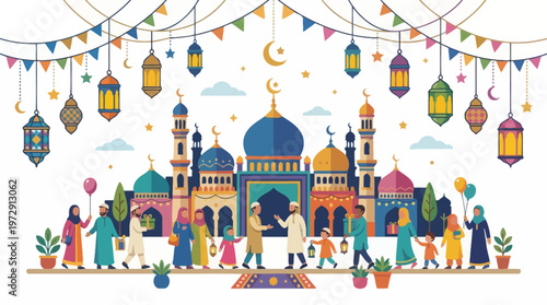 People gathered at a mosque entrance.