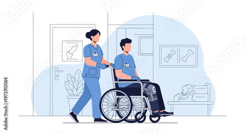 Nurse pushing patient in wheelchair with leg brace in hospital hallway