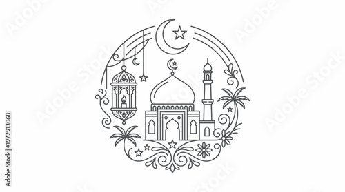 Mosque with crescent moon and stars.