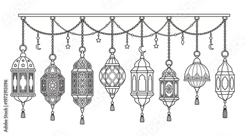 Collection of hanging lanterns in various designs.