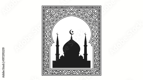 Islamic mosque silhouette with crescent moon.