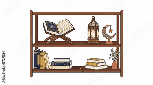 Wooden bookshelf with books and decor.