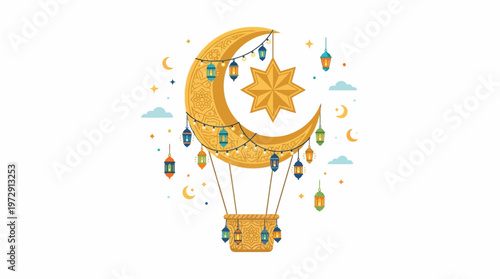 Hot air balloon with crescent moon.