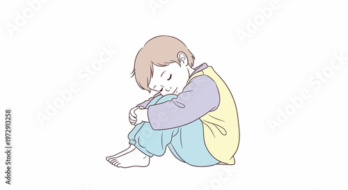 Sad child sitting alone on ground.