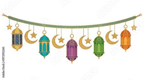 Ramadan lanterns and crescent moons decoration.