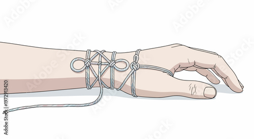 Hand tied with rope wrist bound.