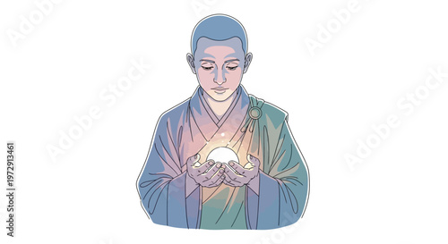 Woman holding crystal ball looking down.