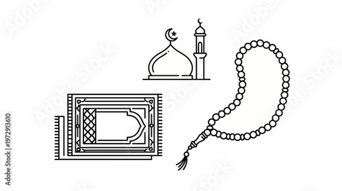 Islamic prayer beads and mosque icons.