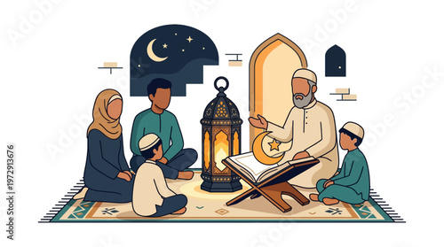 Family reading Quran together at home.