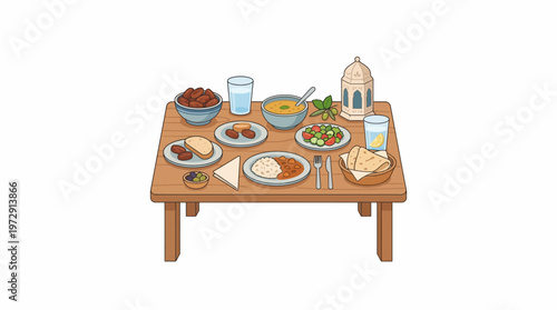Variety of food on wooden table.