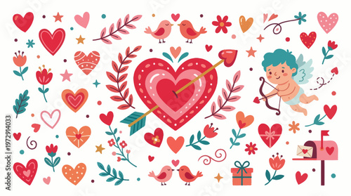 Cupid with heart bow and arrow.