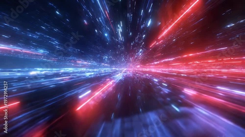 Abstract swirling vortex of neon blue and pink glowing light trails in darkness, futuristic motion background animation, digital art visualization.