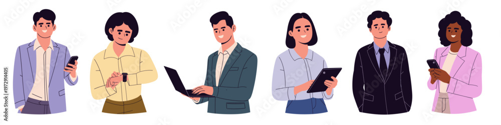 Fototapeta premium vector set of business people using digital devices such as smartphones, tablets, laptops, and smartwatches. ideal for corporate, technology, remote work, and business lifestyle concepts