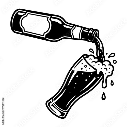 beer bottle pouring into glass line drawing illustration vector clipart black and white