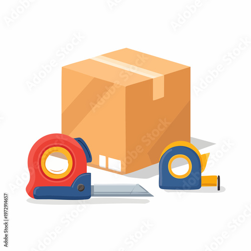 段ボールやテープなど複数の梱包資材セットイラスト