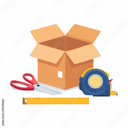 段ボールやテープなど複数の梱包資材セットイラスト