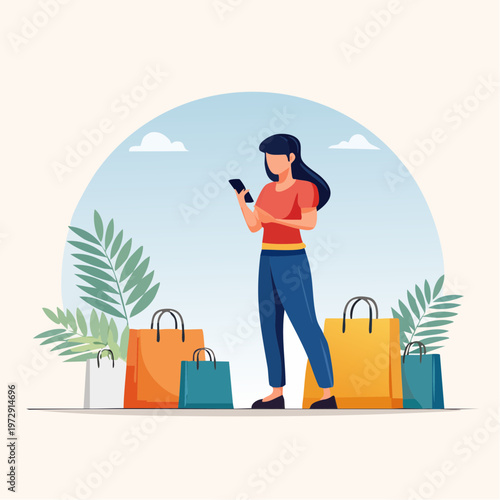 スマホでネットショッピングをする日本人女性のイラスト