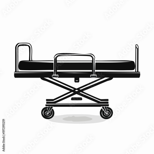 Hospital stretcher gurney with wheels black and white vector with medical care patient care