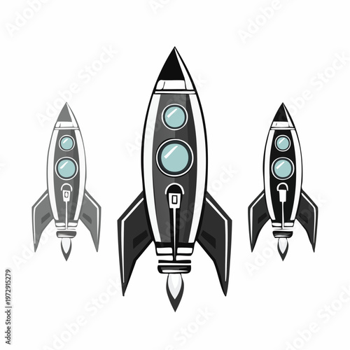 Three stylized retro rocket ship vector illustrations on a plain white background