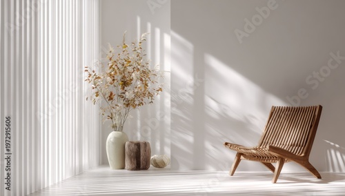 Minimalist Interior Design with Natural Light and Wooden Chair.