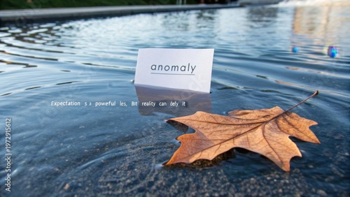 White Card With 'Anomaly' Text Floats On Rippling Water Near Leaf
