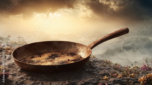 Rusty Cooking Pan in a Dusty Environment with Dramatic Clouds