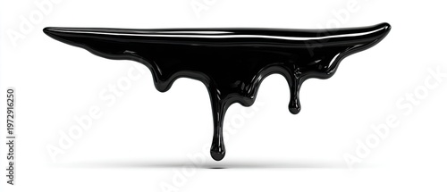 Glossy, dark liquid drips down on a white surface, creating a textured, wet effect