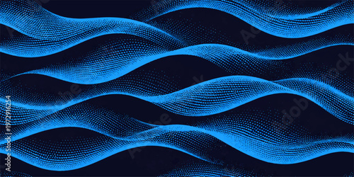 A luxury dark blue abstract background features smooth flowing waves of silk fabric texture with a soft shiny light design and elegant curves