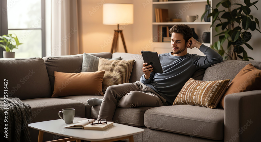 Obraz premium Relaxed man sitting on a sectional sofa in a cozy living room, reading a tablet with a coffee table in front of him.