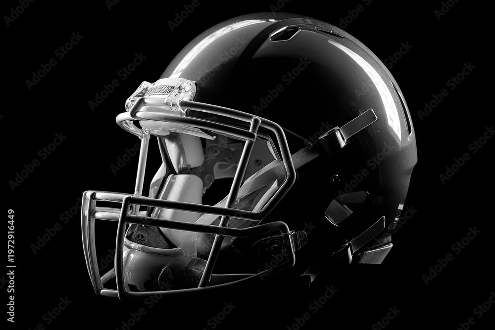 Fototapeta premium Glossy, futuristic helmet with intricate face mask, isolated against dark backdrop