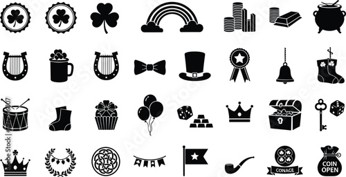 St Patricks Day icons set with shamrocks, Leprechaun hats, Coins, And symbols