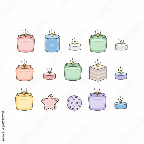 Cute aroma candle vector set with burning scented candles for home decor and aromatherapy in flat style