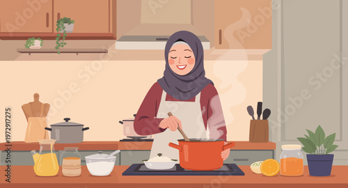 Woman cooking in a kitchen with a pot.