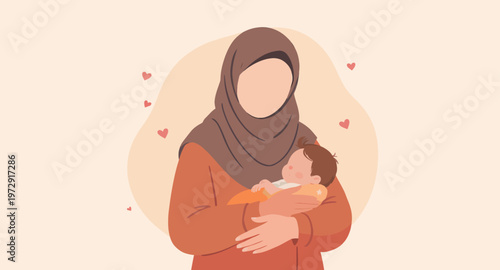 Illustration of a Muslim mother breastfeeding baby.