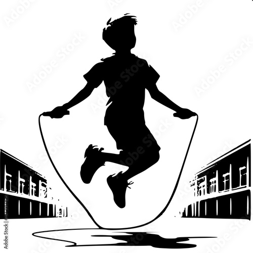 Little girl skipping rope in playground outline vector