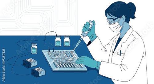 Scientist working with advanced lab equipment, pipetting liquid into microfluidic chip