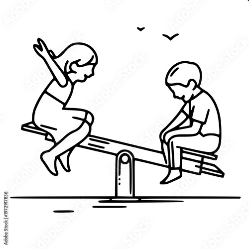 Kids having fun on seesaw in schoolyard outline