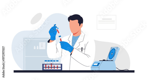 Scientist working with blood samples in a laboratory, centrifuge and test tubes nearby