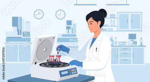 Scientist working with centrifuge and blood samples in modern laboratory