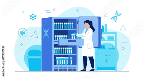 Scientist working with cryogenic freezer and DNA samples in laboratory